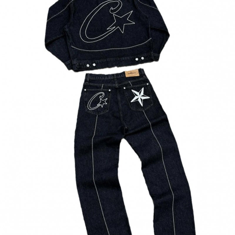 Corteiz Denim Suit High Street Western Denim Jacket Jacket Loose Jeans Trendy Brand - Image 5